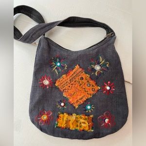 EARTH DIVAS Purse Hemp Embroidered Designs. Gray/Navy Artsy Hippie Hobo Style
